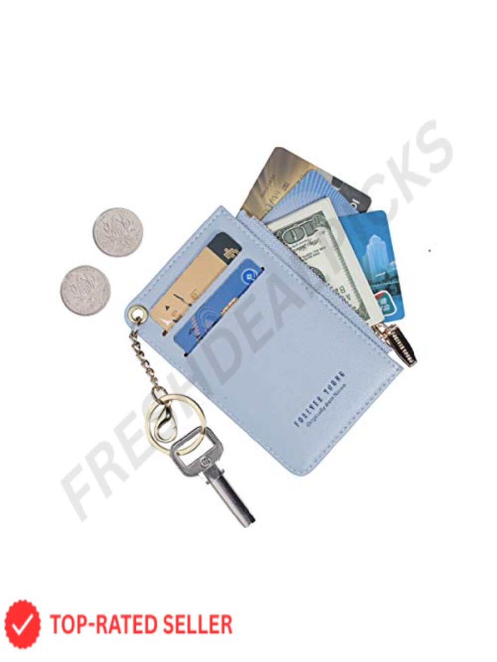 Slim PU Leather Card Holder Wallet with Coin Pocket & Keychain for Women
